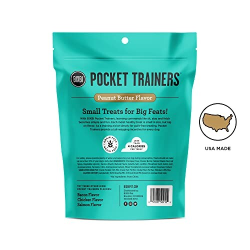 Bixbi Pocket Trainers peanut butter flavor dog treats being held by a person