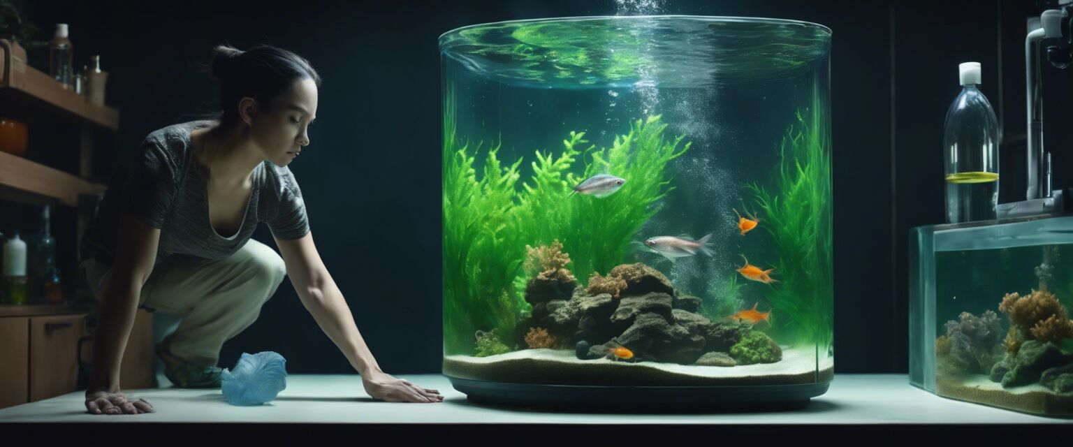 A person performing regular water changes and cleaning the aquarium glass