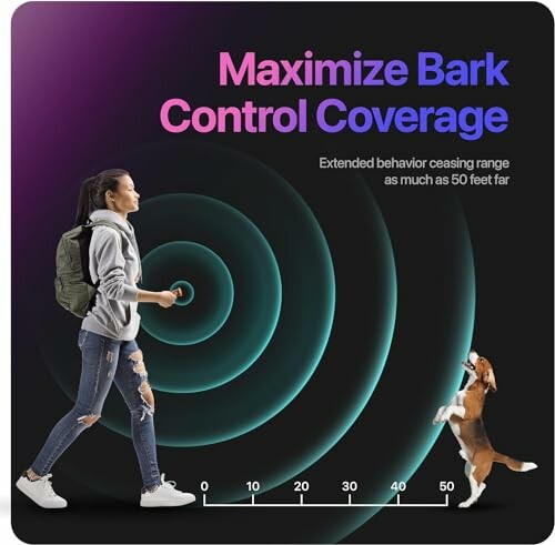 A woman walking with her dog, promoting bark control coverage up to 50 feet.