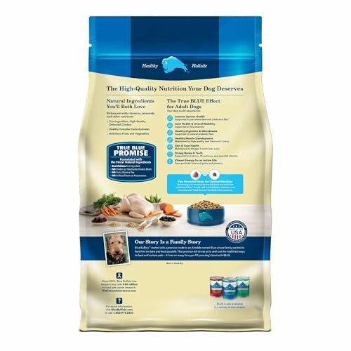 Blue Buffalo dog food packaging with nutritional information and branding.