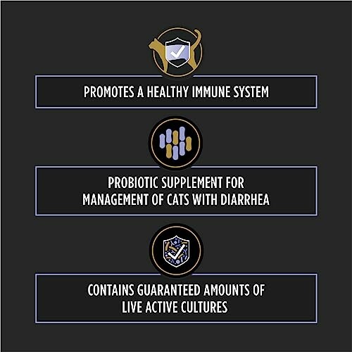 Infographic detailing benefits of a cat probiotic supplement for immune health and diarrhea management.