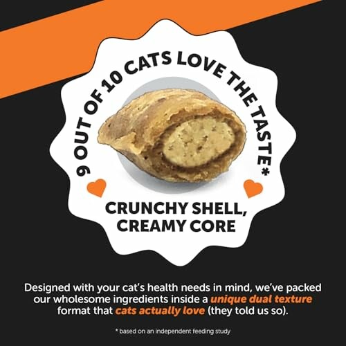 Cat treat with crunchy shell and creamy core, 9 out of 10 cats love it.