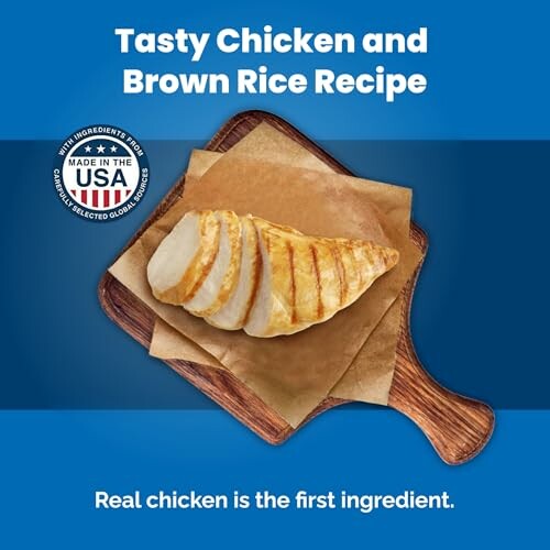 Sliced chicken breast on wooden board with USA seal and text.