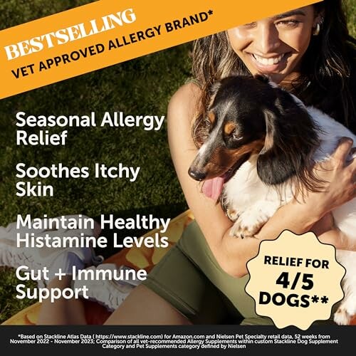 Woman holding a dog with allergy relief product claims.