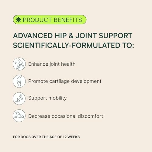 Product benefits of advanced hip and joint support for dogs.