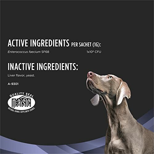 Dog looking up with supplement ingredients listed.