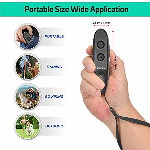 Hand holding a portable dog training clicker with wrist strap, suitable for training, hiking, and outdoor use.