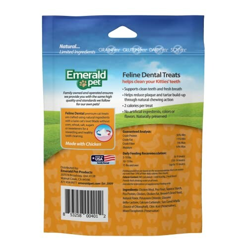 Emerald Pet Feline Dental Treats packaging back view.