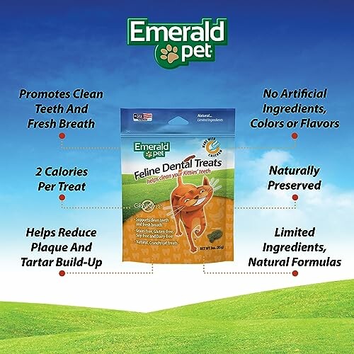 Emerald Pet Feline Dental Treats packaging with benefits highlighted.