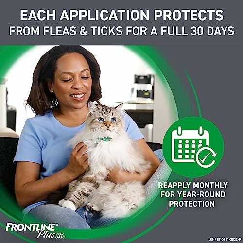 Woman holding a cat with Frontline Plus flea and tick protection message.