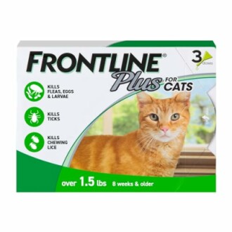 Frontline Plus for Cats packaging showing a cat and product benefits.