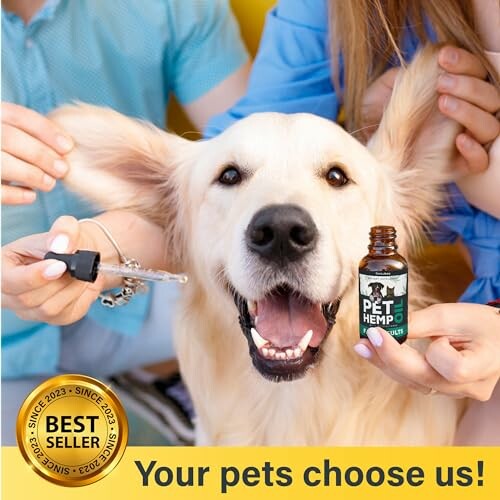 Happy dog with people holding pet hemp oil bottle.