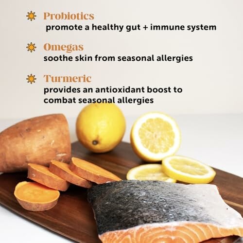 Salmon and vegetables with health benefits text.