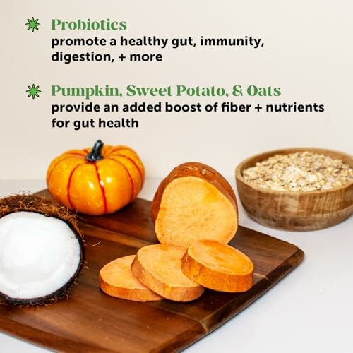 Probiotics, pumpkin, sweet potato, oats, and coconut on a cutting board for gut health.