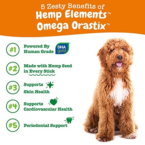 List of benefits of Hemp Elements for dogs with an image of a dog.