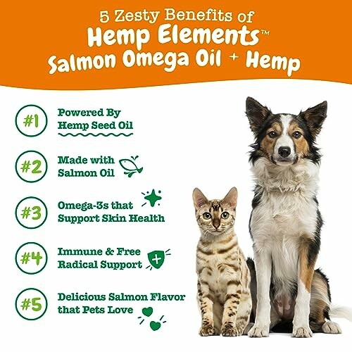 5 benefits of Hemp Elements Salmon Omega Oil for pets with dog and cat.