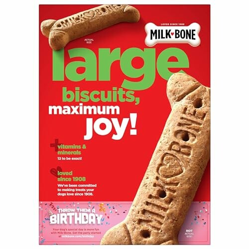 Milk-Bone large dog biscuits with text emphasizing maximum joy and health benefits.