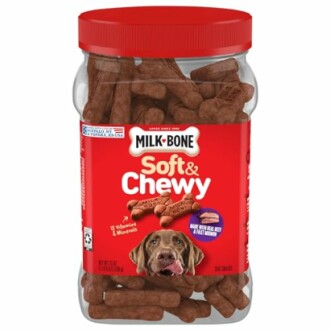 Milk-Bone Soft & Chewy dog treats container sitting on a table