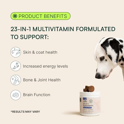 Dog looking at multivitamin product with benefits listed.