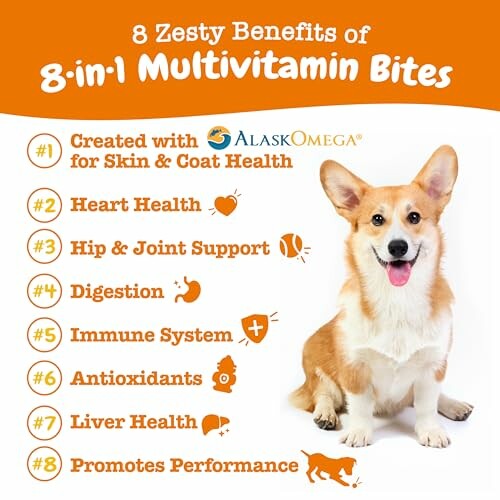 Infographic of 8 benefits of 8-in-1 multivitamin bites with a dog.