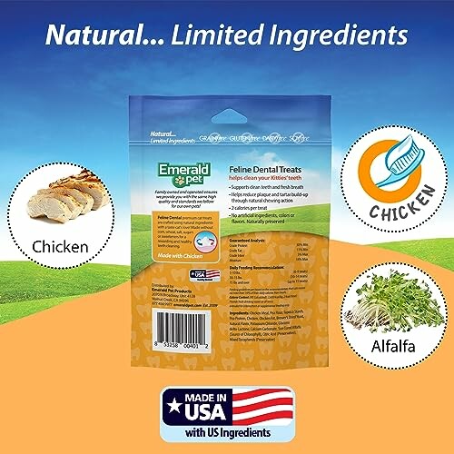 Cat treats package with chicken and alfalfa ingredients, made in USA.