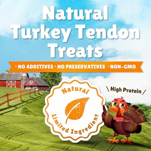 Natural turkey tendon treats packaging with farm background and turkey illustration.