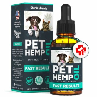 Pet hemp oil supplement bottle and packaging with dog and cat illustration.