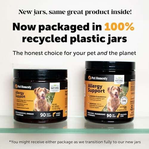 Pet Honesty Allergy Support in 100% recycled plastic jars.