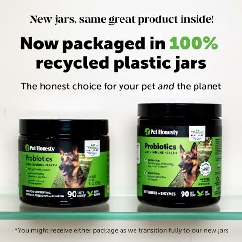 Pet Honesty probiotics in recycled plastic jars with dog image.