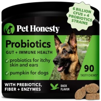 Pet Honesty Probiotics for dogs, 90 chews, duck flavor, gut and immune health support.