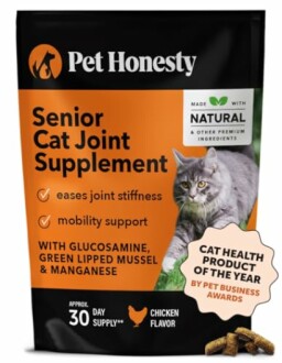 Pet Honesty Senior Cat Joint Supplement package with product details.