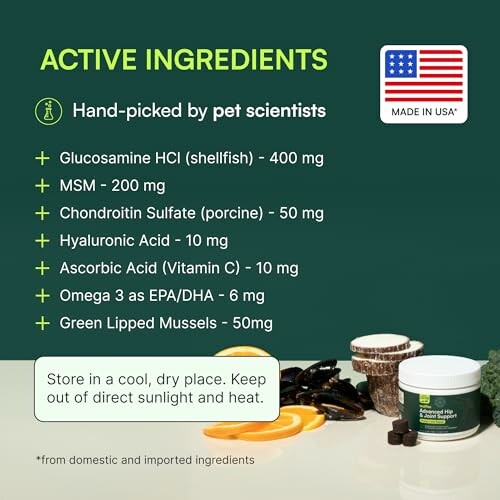 List of active ingredients in pet supplement with USA flag and storage instructions.