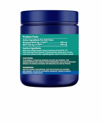 Back label of a blue pet supplement bottle with product facts and cautions.