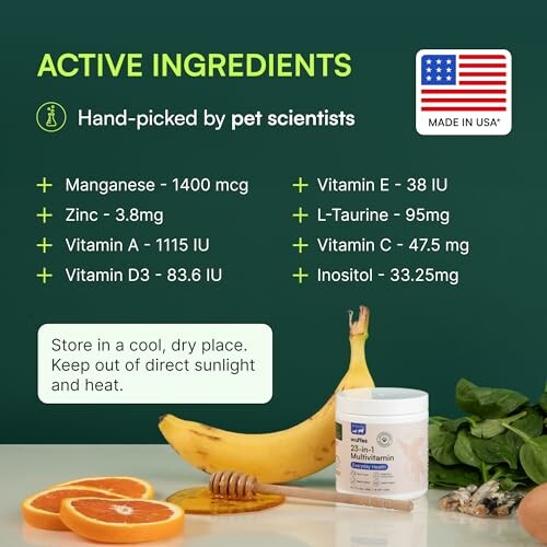 Pet supplement ingredients list with fruits and vitamins.