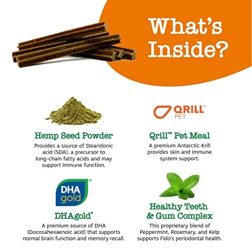 Image showing ingredients in pet supplement: Hemp Seed Powder, Qrill Pet Meal, DHA gold, Healthy Teeth & Gum Complex.