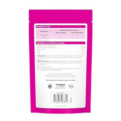 Back of a pink pet supplement package with directions and ingredients.