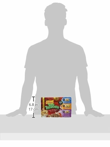 Silhouette with Purina Friskies cat food variety pack on table.