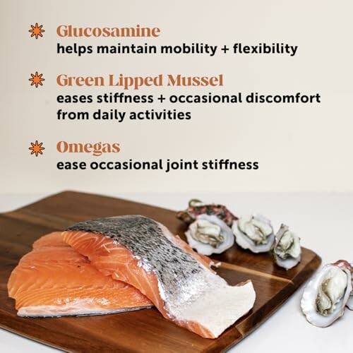 Salmon fillet and mussels with text about joint health benefits of glucosamine, green lipped mussel, and omegas.