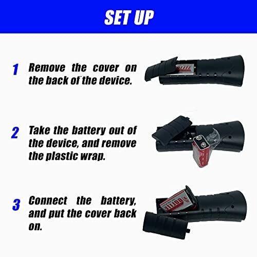 Instructions for setting up a device with battery installation.