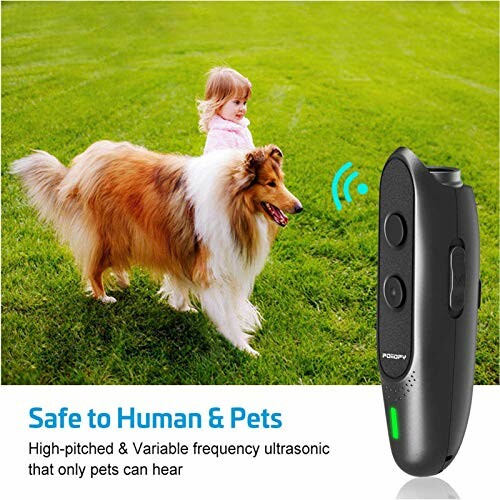 Ultrasonic dog repellent device with child and dog in a park.