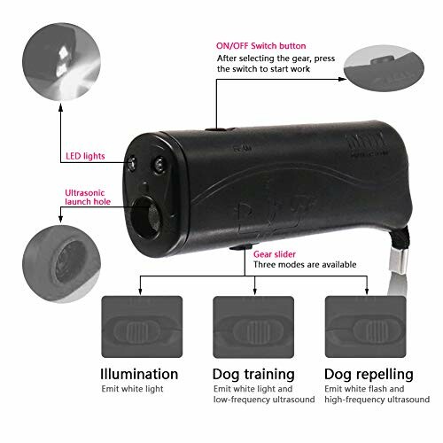 Ultrasonic dog trainer device with LED lights, gear slider, and buttons for illumination, training, and repelling.