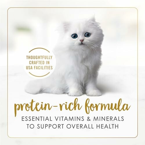 Adorable white kitten promoting protein-rich cat food formula with essential vitamins and minerals.