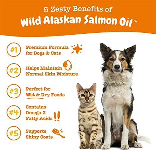 5 benefits of Wild Alaskan Salmon Oil for pets, featuring a dog and cat.