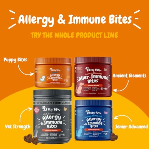 Zesty Paws Allergy & Immune Bites product line with different formulations for pets.